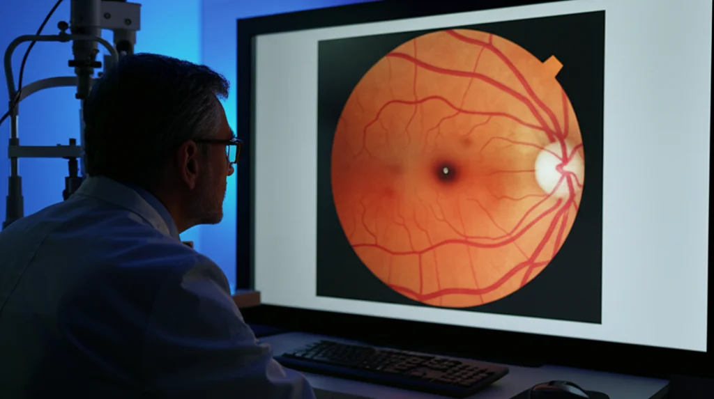 Immagine fotorealistica di un oftalmologo che esamina attentamente un'immagine retinica a campo ultra-ampio (UWF) su uno schermo ad alta definizione. La stanza è in penombra, mettendo in risalto i dettagli luminosi della scansione retinica. Utilizzo di un obiettivo macro da 90mm per catturare la precisione della messa a fuoco sui vasi sanguigni e sulle strutture della retina visibili sullo schermo.