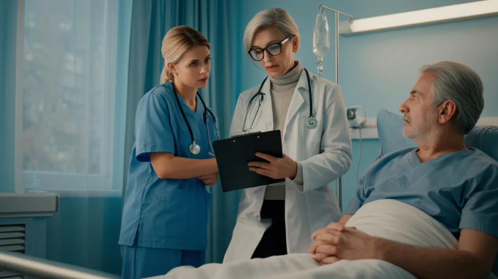 Fotografia di un team medico (medico, infermiere) che discute la cartella clinica di un paziente anziano in un letto d'ospedale. Atmosfera seria ma collaborativa. Obiettivo prime 35mm, profondità di campo per sfocare leggermente lo sfondo e concentrarsi sul team e sul paziente. Luce naturale dalla finestra.