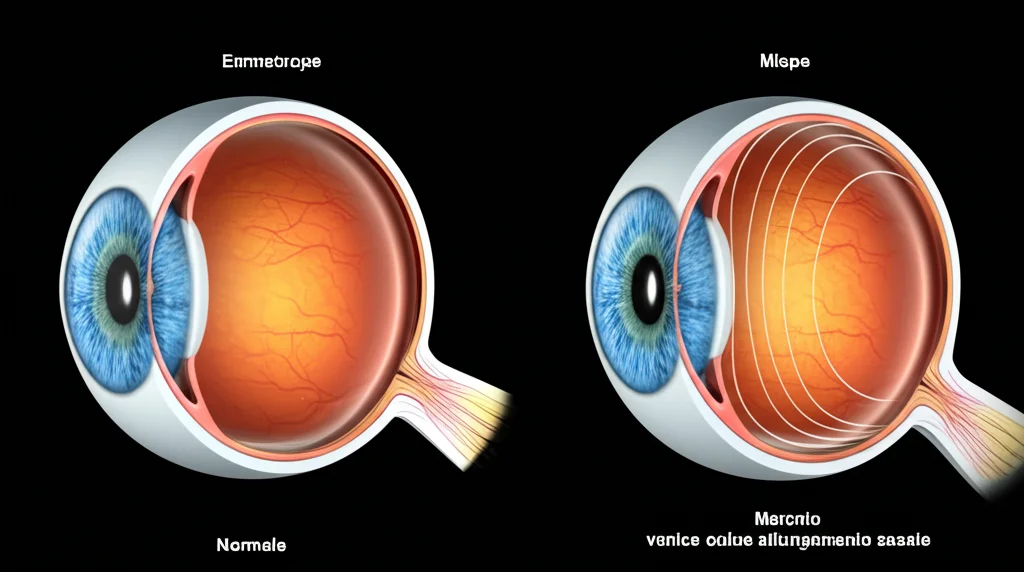 Illustrazione medica comparativa, stile rendering 3D fotorealistico, che mostra la differenza tra un occhio emmetrope (normale) e un occhio miope con marcato allungamento assiale. L'immagine evidenzia lo 'stiramento' delle tuniche oculari nell'occhio miope, con linee di stress visibili sulla retina periferica. Illuminazione da studio controllata, alto dettaglio anatomico, obiettivo macro 100mm.