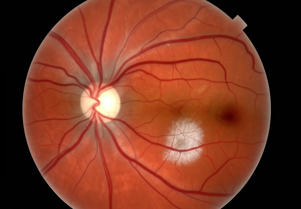 Immagine fundus a campo ultra-ampio (UWF) fotorealistica di un occhio miope. Si evidenziano chiaramente lesioni WDWP (aree biancastre e grigiastre) nella retina temporale periferica. I vasi sanguigni retinici sono nitidi e ben definiti. Utilizzo di un obiettivo macro da 60mm con messa a fuoco selettiva sulle lesioni, colori naturali della retina.