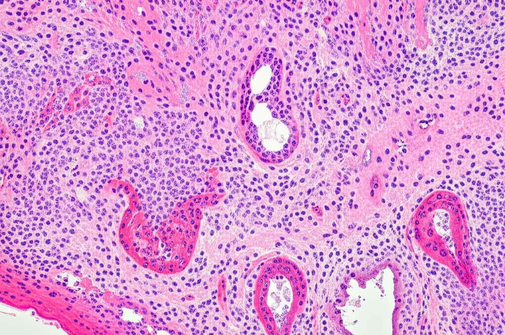 Macro fotografia di una sezione trasversale di tessuto polmonare umano affetto da polmonite interstiziale, obiettivo macro 100mm, illuminazione controllata per evidenziare le strutture alveolari danneggiate e le aree di opacità a vetro smerigliato, alta definizione, messa a fuoco precisa.