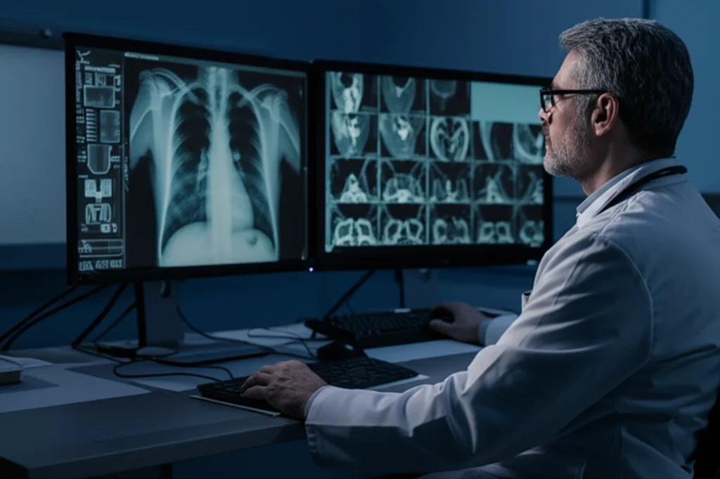 Fotografia ritratto di un medico radiologo concentrato che esamina immagini TAC polmonari su uno schermo ad alta risoluzione in una sala di lettura scarsamente illuminata, obiettivo 35mm, profondità di campo ridotta per sfocare lo sfondo, duotone blu e grigio per un'atmosfera clinica e tecnologica.