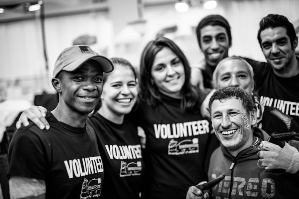 Ritratto fotografico in bianco e nero di un gruppo eterogeneo di volontari, uomini e donne di età diverse, che lavorano insieme sorridenti in un centro di accoglienza informale per migranti. Obiettivo prime 35mm, profondità di campo ridotta per mettere a fuoco i volti in primo piano.