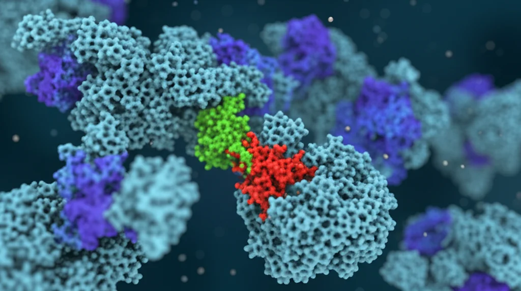 Visualizzazione 3D astratta e stilizzata di un complesso multiproteico all'interno di una cellula PBMC, evidenziando la proteina PDI (verde brillante) come sito di legame diretto per una piccola molecola farmacologica (modulatore di assemblaggio, rosso), con altre proteine del complesso (TDP-43, RanGTPase, p62) mostrate in diverse tonalità di blu. Profondità di campo ridotta per focalizzare sul sito di legame.