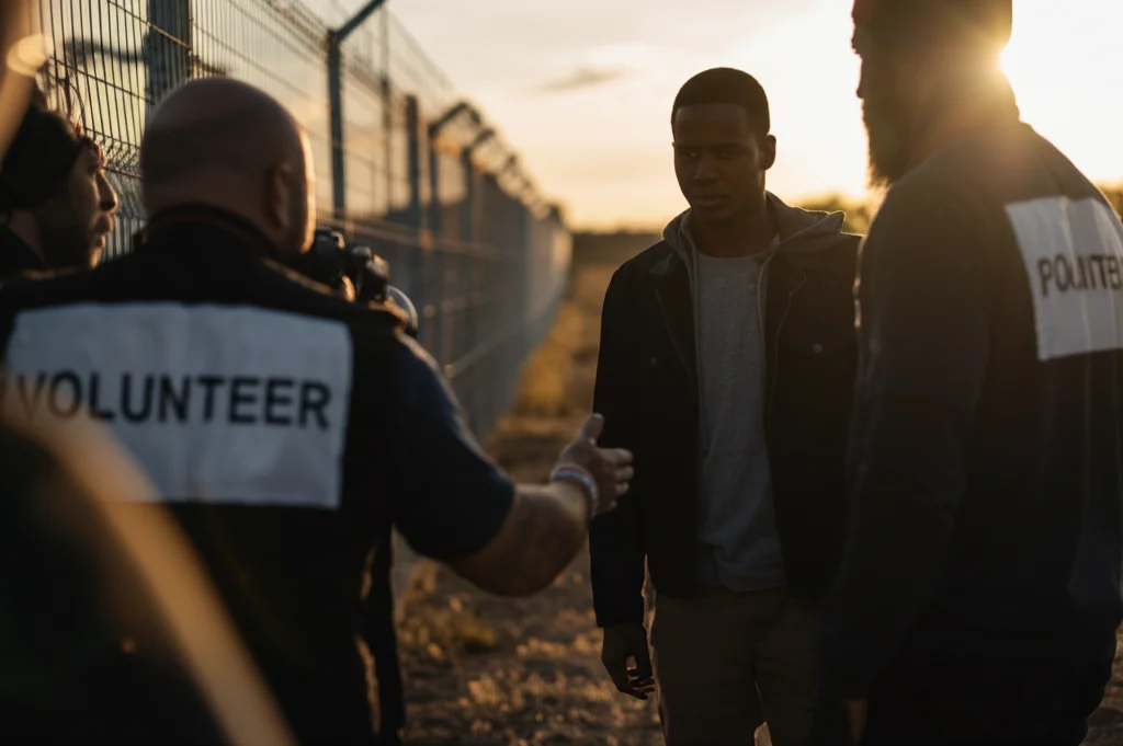 Fotografia stile reportage, obiettivo zoom 100-400mm, che cattura un momento di interazione tra un volontario e un migrante vicino a una recinzione di confine al tramonto. Luce calda e controluce, focus nitido sui soggetti, sfondo leggermente sfocato.