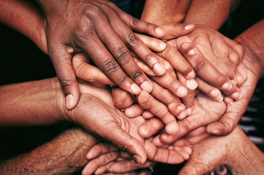 Fotografia macro 60mm ad alta definizione di mani diverse (giovani, anziane, di diverse etnie) che si uniscono o si passano un oggetto simbolico (es. una coperta, del cibo). Illuminazione controllata per enfatizzare le texture e il gesto di solidarietà.