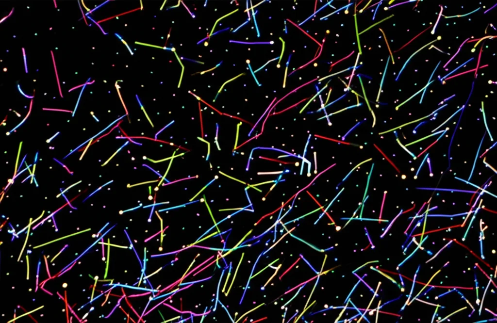 Visualizzazione scientifica astratta del plasma nella scia lunare, mostrando particelle stilizzate (protoni, particelle alfa, elettroni veloci del fascio, elettroni supratermici con code energetiche). Illuminazione controllata per evidenziare le diverse popolazioni di particelle, obiettivo macro 100mm per dettagli elevati sulle traiettorie immaginarie delle particelle.