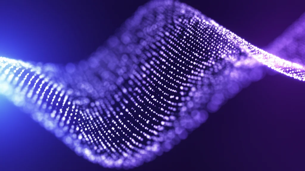 Grafico 3D astratto che rappresenta un'onda solitaria elettrostatica (impulso di potenziale localizzato) che si propaga attraverso un plasma stilizzato. Colori vibranti che indicano il potenziale positivo o negativo. Profondità di campo per focalizzare l'attenzione sull'onda, obiettivo prime 35mm, stile duotone blu e viola per un look scientifico ma accattivante.