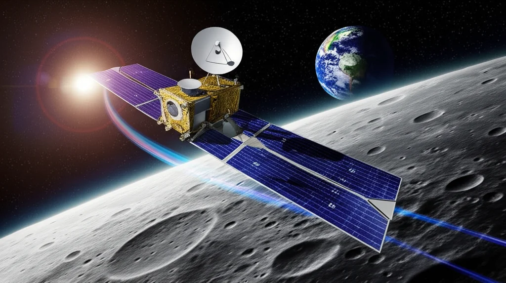Illustrazione fotorealistica della sonda spaziale ARTEMIS (stile THEMIS) in orbita lunare, con la Terra visibile in lontananza. La sonda sta attraversando la scia lunare, rappresentata da deboli filamenti di plasma. Obiettivo zoom 24-70mm, illuminazione drammatica proveniente dal Sole laterale, dettagli nitidi sulla sonda e sulla superficie lunare sottostante.