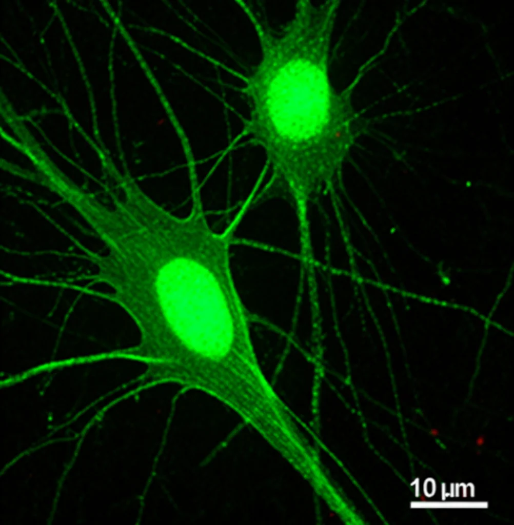 Immagine al microscopio ad alta risoluzione di neuroni glutammatergici nell'area tegmentale ventrale (VTA) del cervello di topo. Alcuni neuroni brillano intensamente di verde (indicando l'espressione di c-Fos o attività del calcio), segnalando un'elevata attivazione. Lo sfondo è scuro per enfatizzare i neuroni attivi. Lente macro 100mm, illuminazione controllata, alta definizione, stile fotorealistico scientifico.