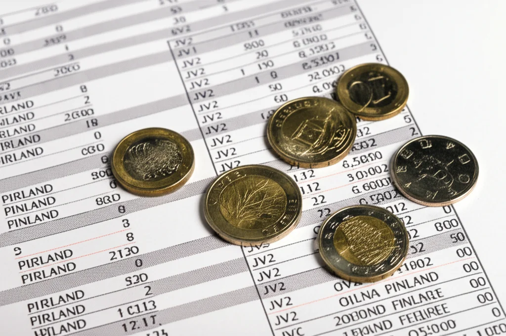 Fotografia macro di monete finlandesi e fiches da casinò sparse su un estratto conto bancario personale stampato, illuminazione controllata laterale per evidenziare i dettagli delle monete e la texture della carta, obiettivo macro 90mm, alta definizione.