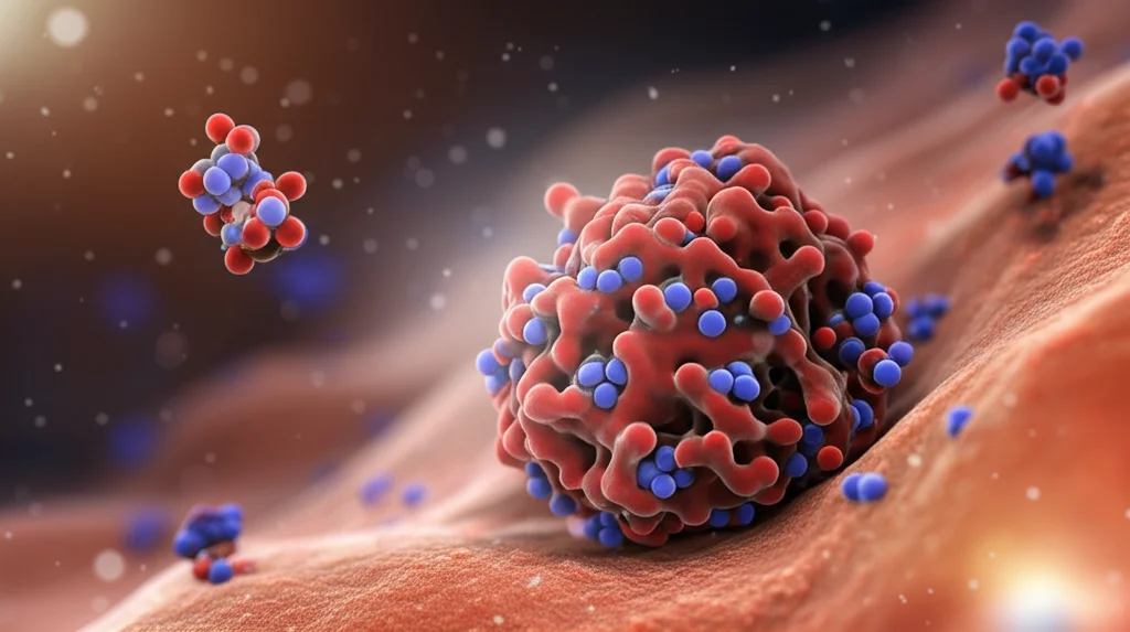 Visualizzazione 3D fotorealistica di un recettore NMDA sulla membrana di un neurone, con la subunità NR2A evidenziata in un colore brillante (es. rosso). Molecole di un farmaco inibitore (NVP-AAM077, rappresentate come piccole sfere) si avvicinano o si legano al sito attivo del recettore NR2A. Illuminazione drammatica, sfondo sfocato (profondità di campo), alta definizione, stile illustrazione scientifica.