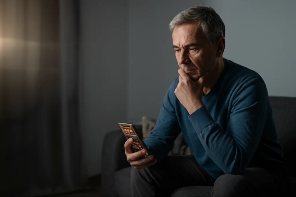 Ritratto ambientato di una persona di mezza età seduta su un divano in penombra, che guarda con espressione preoccupata il proprio smartphone con un'app di gioco d'azzardo aperta sullo schermo. Luce soffusa proveniente da una finestra laterale, profondità di campo ridotta che sfoca lo sfondo, obiettivo 35mm, toni duo blu e grigio per un'atmosfera intima e riflessiva.
