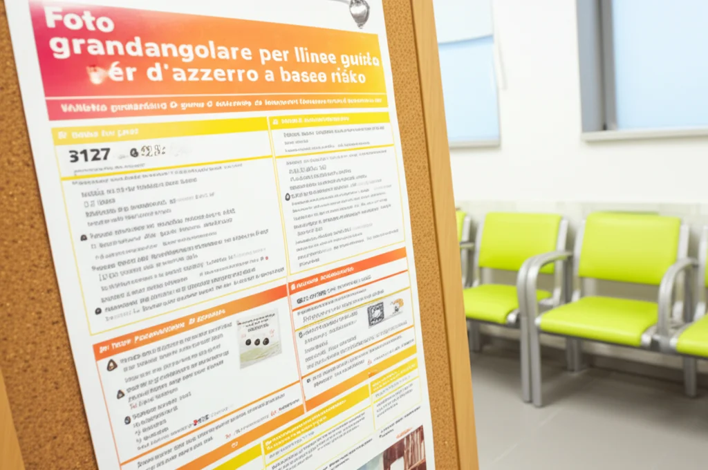 Foto grandangolare di un poster informativo colorato ma chiaro sulle linee guida per il gioco d'azzardo a basso rischio, affisso su una bacheca di sughero in un moderno centro sanitario o sala d'attesa. Messa a fuoco nitida sul poster, luce ambientale naturale, obiettivo grandangolare 20mm per includere parte del contesto circostante.