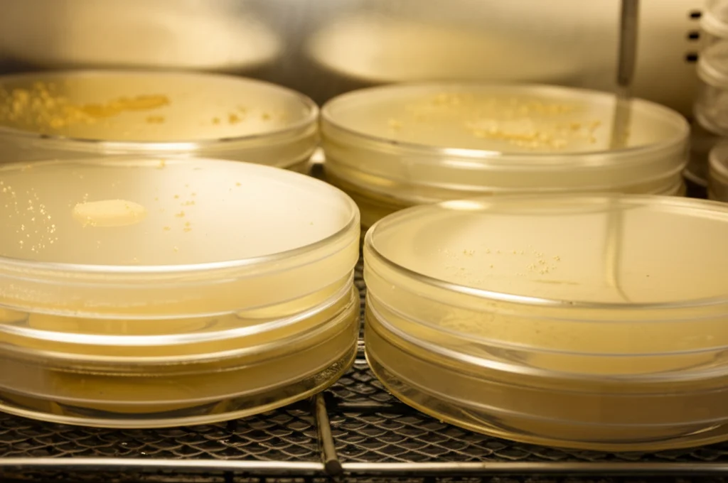 Fotografia di laboratorio che mostra diverse piastre di Petri contenenti polvere di PET e un liquido torbido (brodo di coltura batterica), incubate in un termostato a temperatura controllata. Lente prime 35mm, illuminazione controllata da laboratorio, focus sui dettagli delle piastre e del termostato, colori realistici.