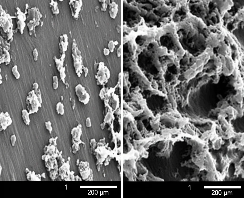 Immagine composita stile scientifico: a sinistra, una micrografia SEM che mostra la superficie liscia e intatta di polvere di PET; a destra, una micrografia SEM della stessa polvere di PET dopo il trattamento con il consorzio batterico, mostrando una superficie erosa, ruvida e coperta da un biofilm batterico. Alta definizione, messa a fuoco precisa, scala micrometrica indicata.
