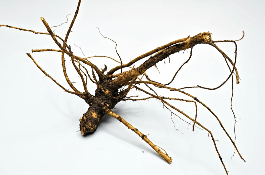 Primo piano macro di una radice di Bupleurum chinense appena raccolta, ancora sporca di terra scura e ricca. Luce naturale controllata che evidenzia la texture fibrosa della radice. Obiettivo macro 90mm, alta definizione, messa a fuoco precisa sui dettagli superficiali.