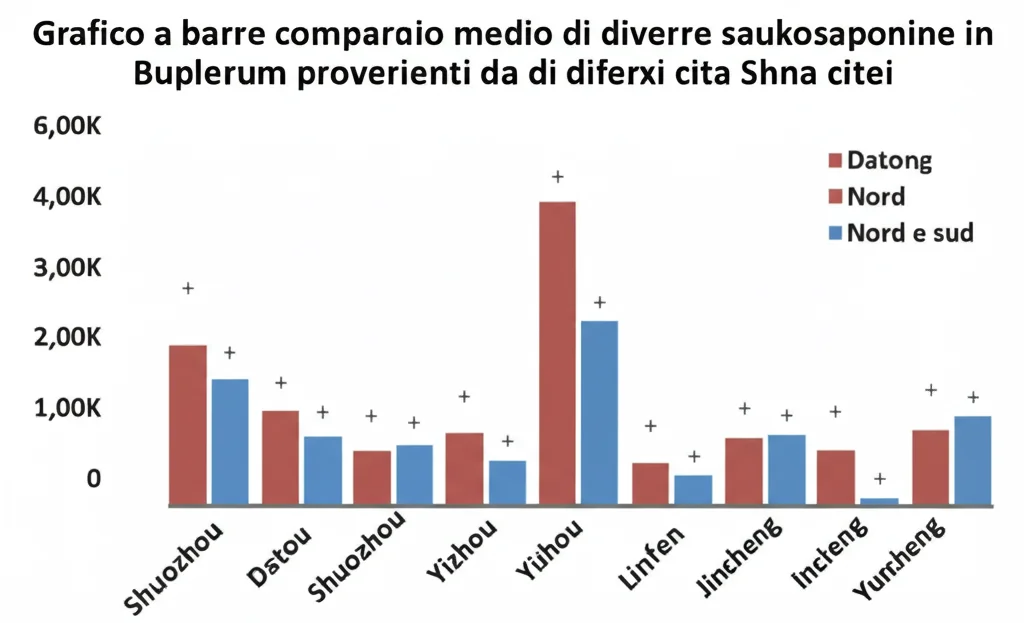 Grafico a barre colorato che mostra la comparazione del contenuto medio di diverse saikosaponine (A, C, D, E, F) in campioni di Bupleurum provenienti da diverse città dello Shanxi (Datong, Shuozhou, Yizhou, Linfen, Jincheng, Yuncheng). Evidenziazione visiva delle differenze tra nord e sud. Stile infografica scientifica.