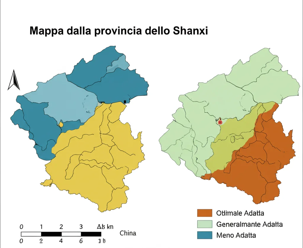 Mappa della provincia dello Shanxi, Cina, colorata in base alle 4 zone di idoneità alla coltivazione del Bupleurum di alta qualità (Ottimale, Adatta, Generalmente Adatta, Meno Adatta). Legenda chiara. Stile cartografico GIS, pulito e informativo.