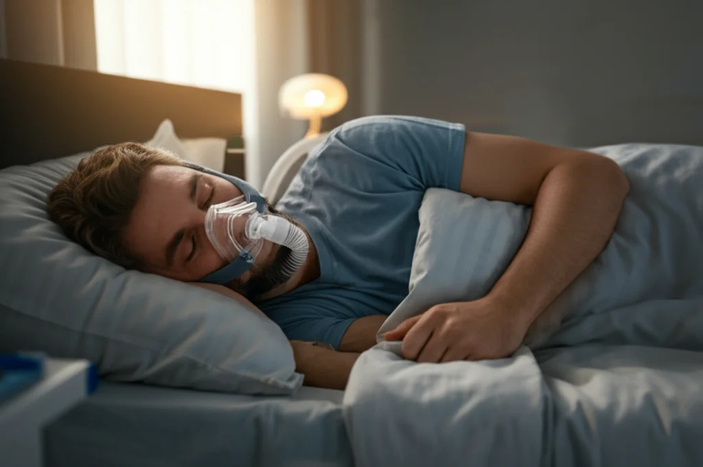 Persona che dorme serenamente a letto indossando una maschera CPAP, luce mattutina soffusa che entra dalla finestra, prime lens 35mm, depth of field, atmosfera di riposo profondo.