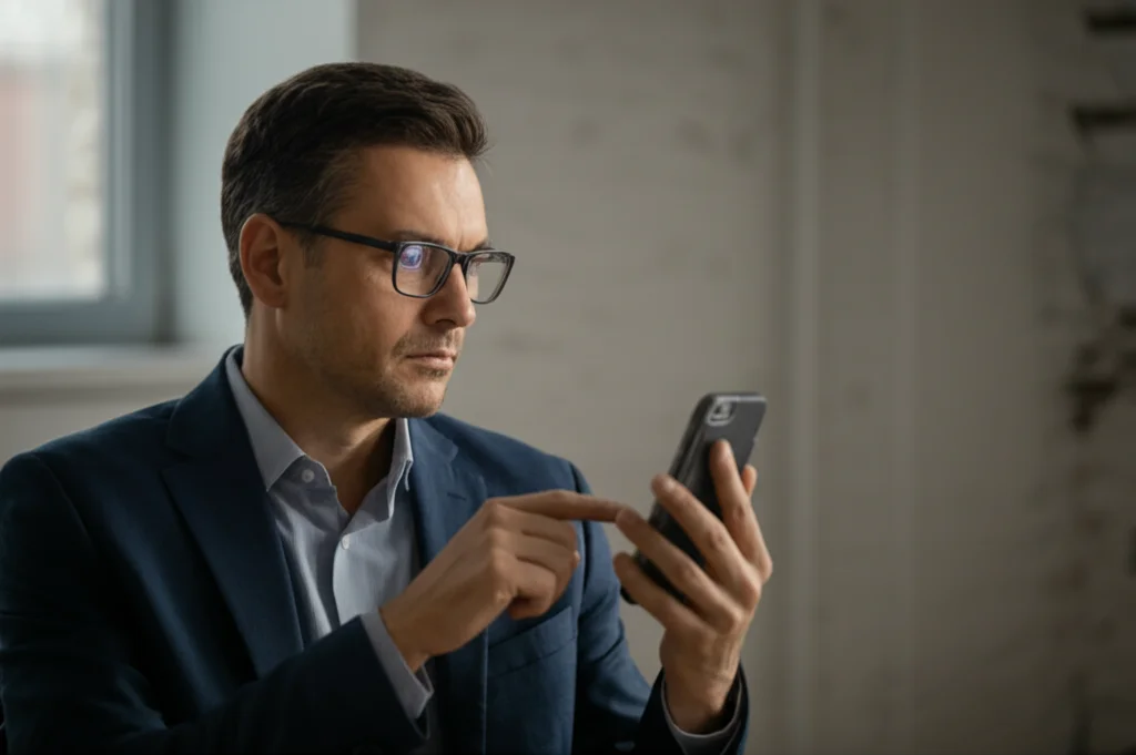 Portrait photography di un CEO di mezza età, dall'aspetto riflessivo, che guarda lo schermo di uno smartphone con feed di social media. Sfondo ufficio leggermente sfocato, luce naturale dalla finestra. Obiettivo 35mm, profondità di campo.