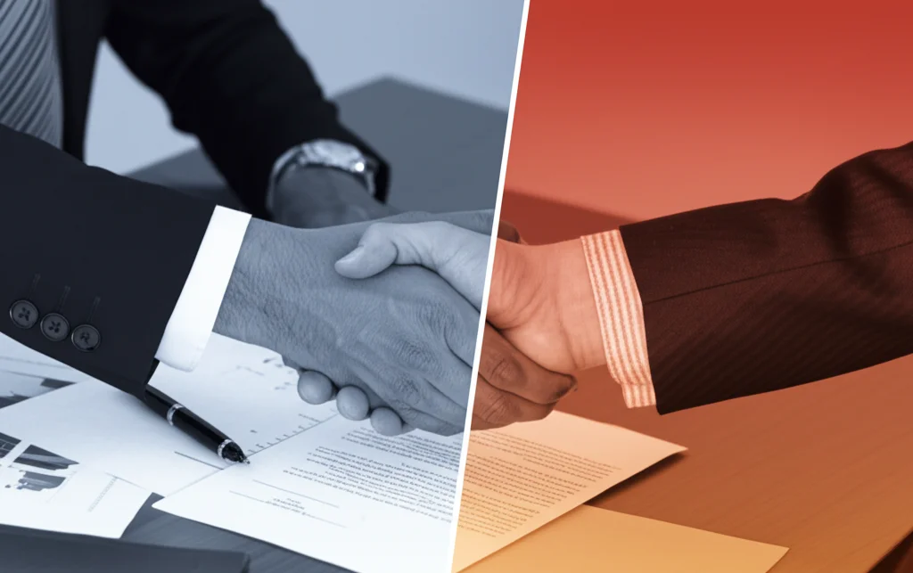 Immagine divisa con effetto duotone. Lato sinistro: duotone blu/grigio, primo piano di mani che si stringono su un contratto, abbigliamento business occidentale visibile. Lato destro: duotone rosso/oro, stretta di mano simile, contesto business orientale suggerito. Obiettivo prime 50mm, simbolico.
