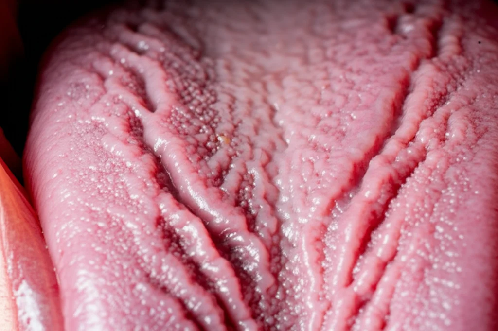 Fotografia macro intraorale che mostra una lingua umana con evidenti solchi profondi, caratteristica della lingua fissurata. Obiettivo macro 100mm, illuminazione controllata per massimizzare i dettagli della texture, messa a fuoco precisa.
