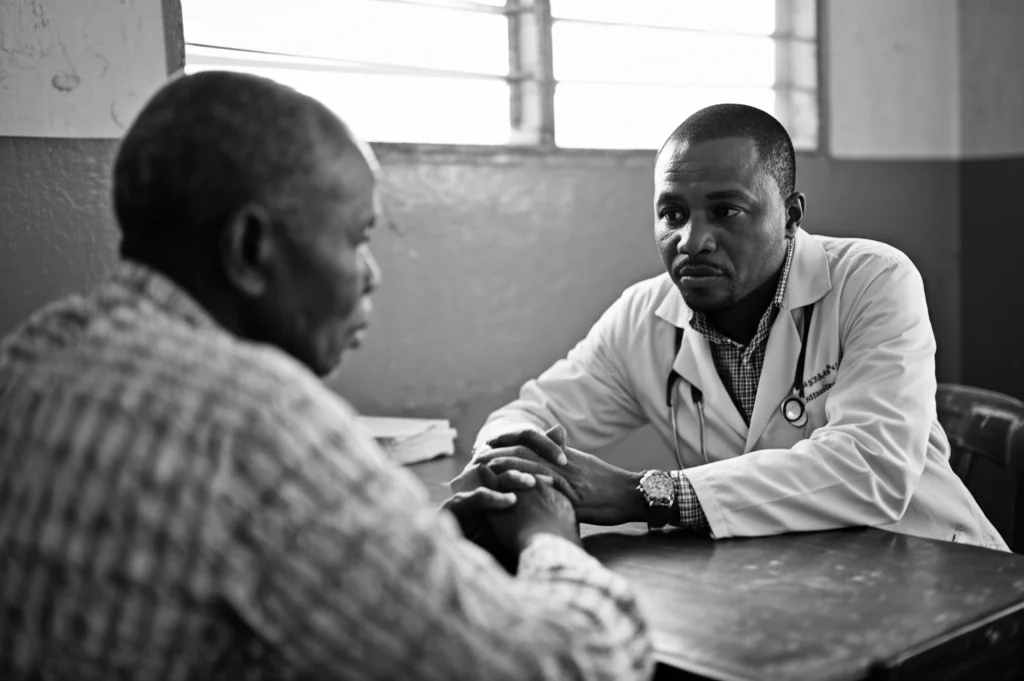 Un medico in Nigeria, in un ambiente ospedaliero pubblico dall'aspetto un po' usurato ma pulito, siede di fronte a un familiare dall'espressione preoccupata. Il medico ha un'espressione seria ma profondamente empatica, le mani giunte sulla scrivania. La luce proviene da una finestra laterale, creando un gioco di luci e ombre che sottolinea la gravità del momento. Obiettivo da ritratto 35mm, profondità di campo ridotta per sfocare leggermente lo sfondo e mantenere il focus sull'interazione, bianco e nero per accentuare l'emotività.