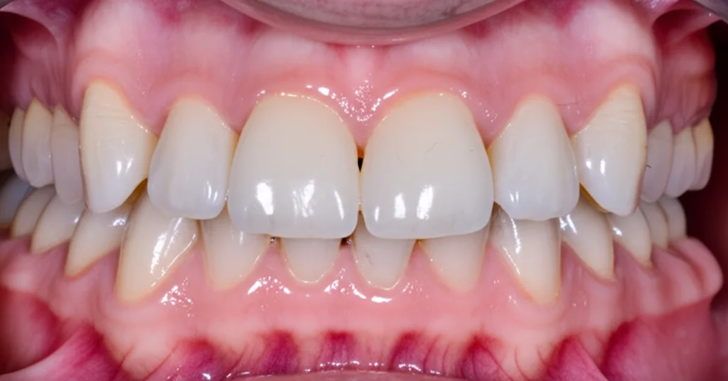 Immagine intraorale di una dentatura con evidente affollamento dentale, i denti anteriori sono sovrapposti e ruotati. Illuminazione clinica, obiettivo macro 60mm, alta definizione per mostrare la malposizione.