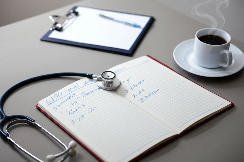Una scrivania in uno studio medico illuminato da luce naturale soffusa. In primo piano, un blocco note aperto con appunti scritti a mano che sembrano riguardare un piano di trattamento o una conversazione con un paziente. Accanto, uno stetoscopio e una tazza di caffè fumante. L'atmosfera è calma e riflessiva. Obiettivo macro 100mm, messa a fuoco precisa sugli appunti, illuminazione controllata per dettagli nitidi.