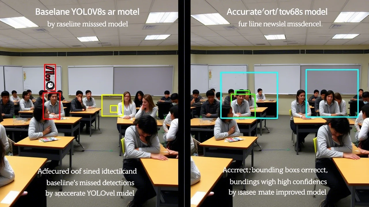 Visualizzazione grafica comparativa affiancata: a sinistra, un'immagine di studenti in classe con rilevamenti imprecisi o mancati da un modello base YOLOv8s; a destra, la stessa immagine con rilevamenti accurati (bounding box corretti e con alta confidenza) del nostro modello migliorato. Stile infografica high-tech, dettagli nitidi, colori contrastanti per evidenziare le differenze.