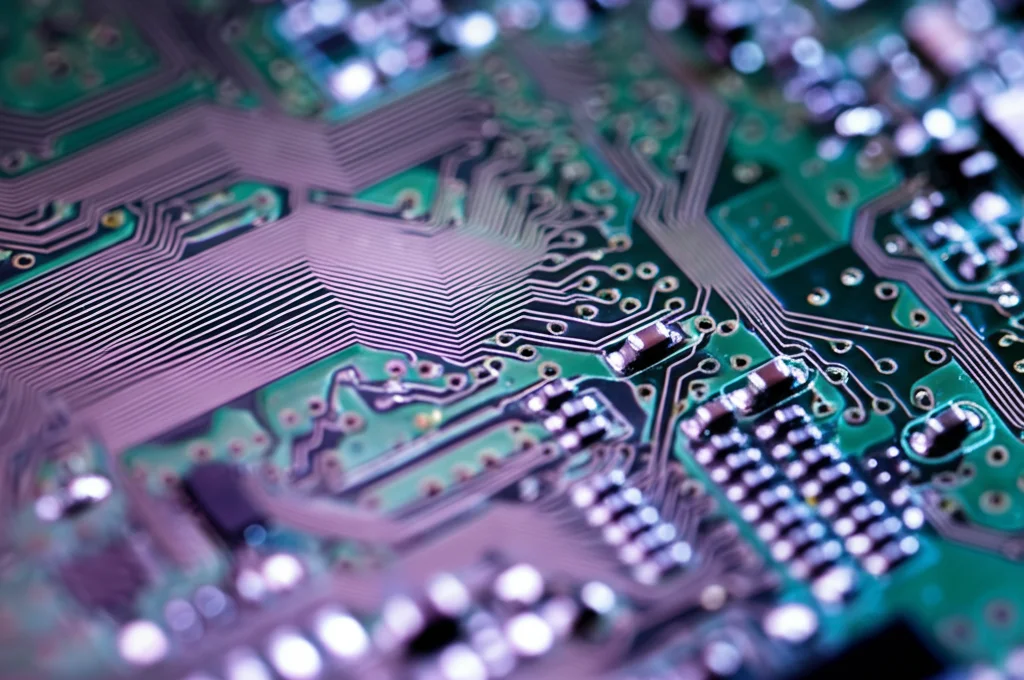 Fotografia macro di un microchip o di una scheda elettronica con pattern luminosi che simboleggiano il flusso di dati dell'intelligenza artificiale. Obiettivo macro 100mm, illuminazione controllata per enfatizzare i dettagli high-tech, messa a fuoco precisa sui componenti centrali, sfondo scuro e sfocato.