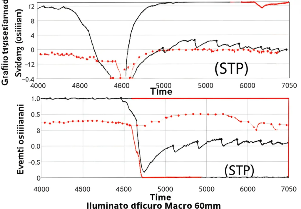 Grafico comparativo su schermo digitale che mostra due linee temporali di SaO2: una stabile (NSTP) e una con evidenti oscillazioni a 'denti di sega' (STP). Illuminazione da laboratorio, obiettivo macro 60mm per dettaglio grafico, alta definizione.