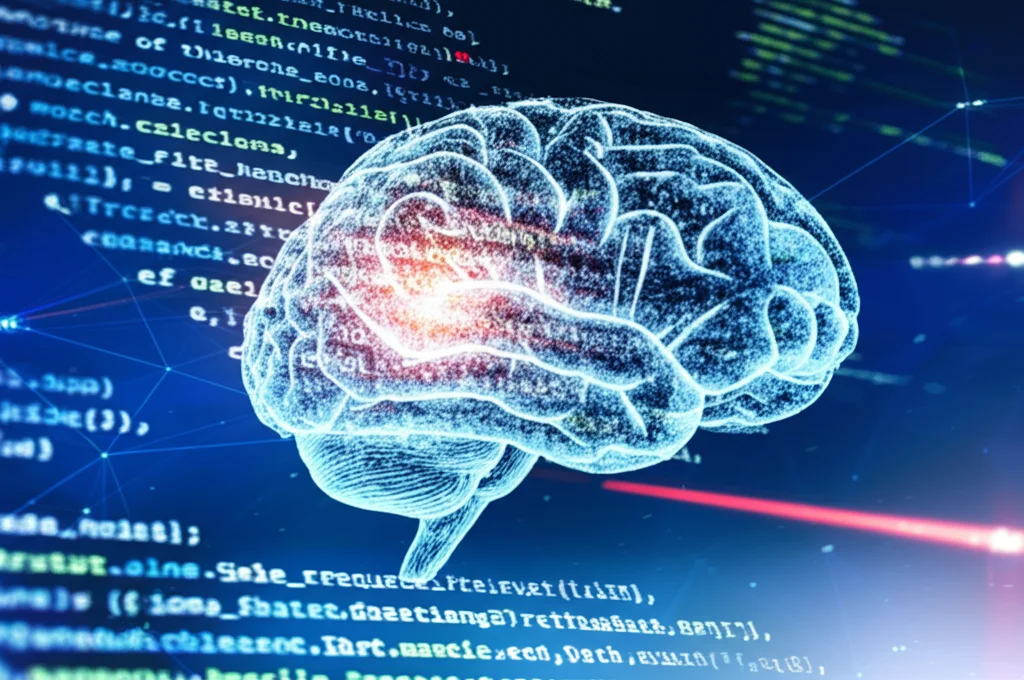 Primo piano di uno schermo di computer che mostra codice complesso sovrapposto a un'illustrazione stilizzata del cervello umano, illuminazione controllata, obiettivo macro 80mm, alta definizione, simboleggia l'intersezione tra AI e conoscenza medica.