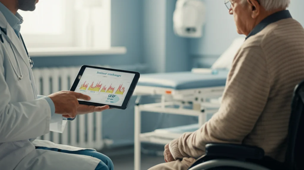 Medico nefrologo che discute i risultati del monitoraggio SaO2 mostrati su un tablet con un paziente in un ambiente clinico accogliente. Il tablet mostra un grafico con pattern STP evidenziati. Obiettivo prime 35mm, profondità di campo media, luce naturale dalla finestra.