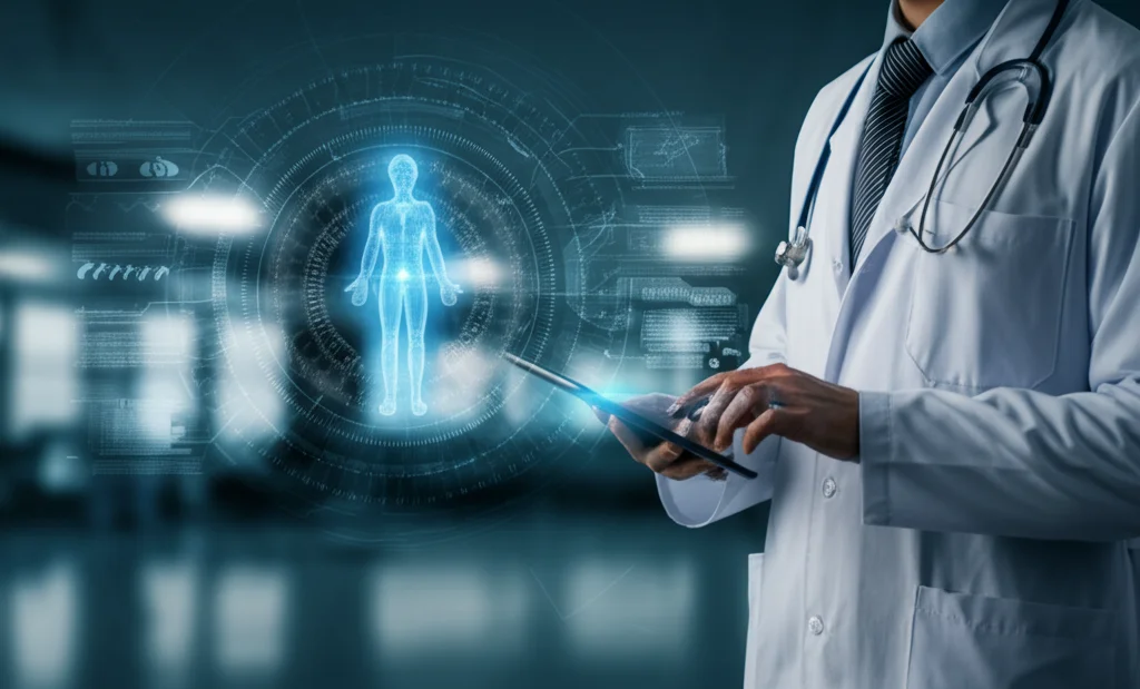 Medico che interagisce con un'interfaccia AI futuristica su un tablet in un ambiente clinico moderno, luce soffusa, profondità di campo, obiettivo 35mm, suggerisce l'integrazione futura dell'IA nella pratica medica.