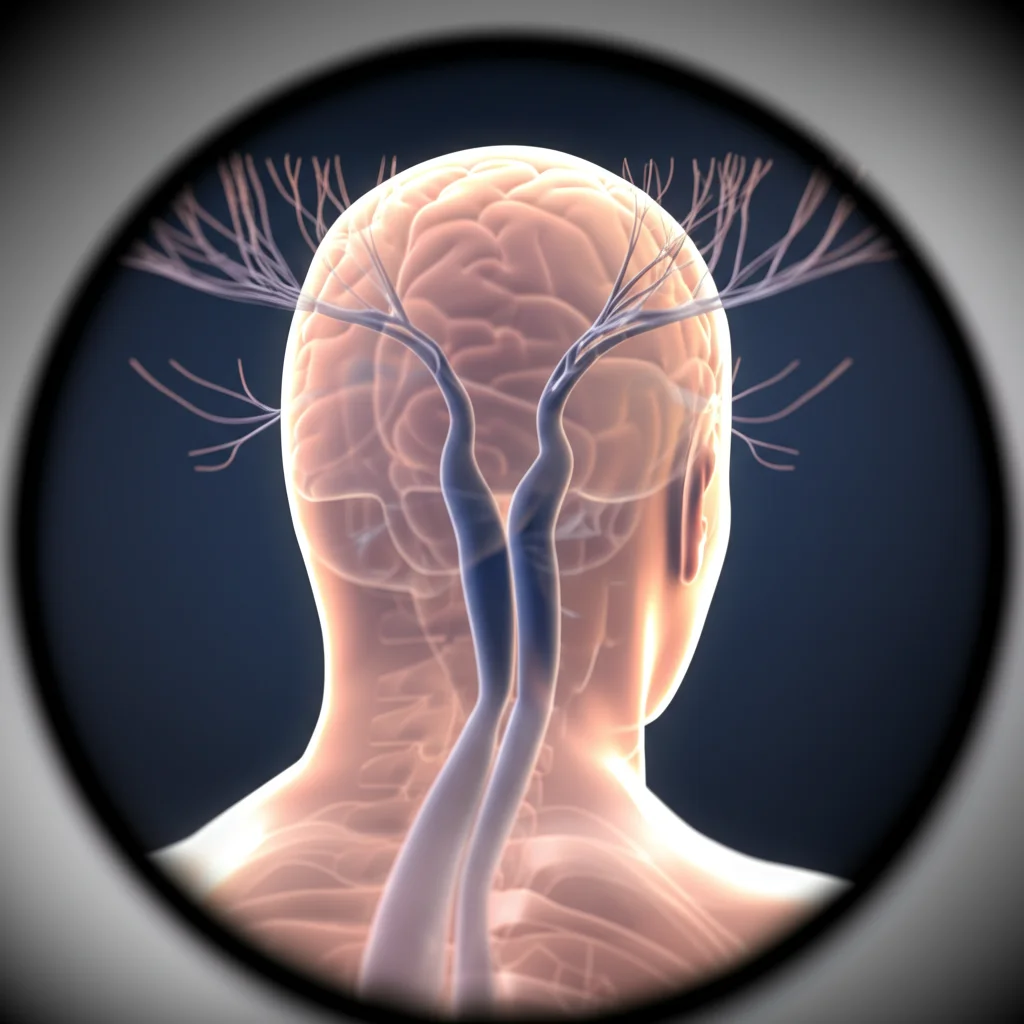 Immagine medica 3D ad alta risoluzione VWI che mostra le diverse configurazioni delle arterie vertebrobasilari (tuning fork, walking, lambda) nel cervello umano. Macro lens, 80mm, high detail, precise focusing, controlled lighting, visualizzazione scientifica.