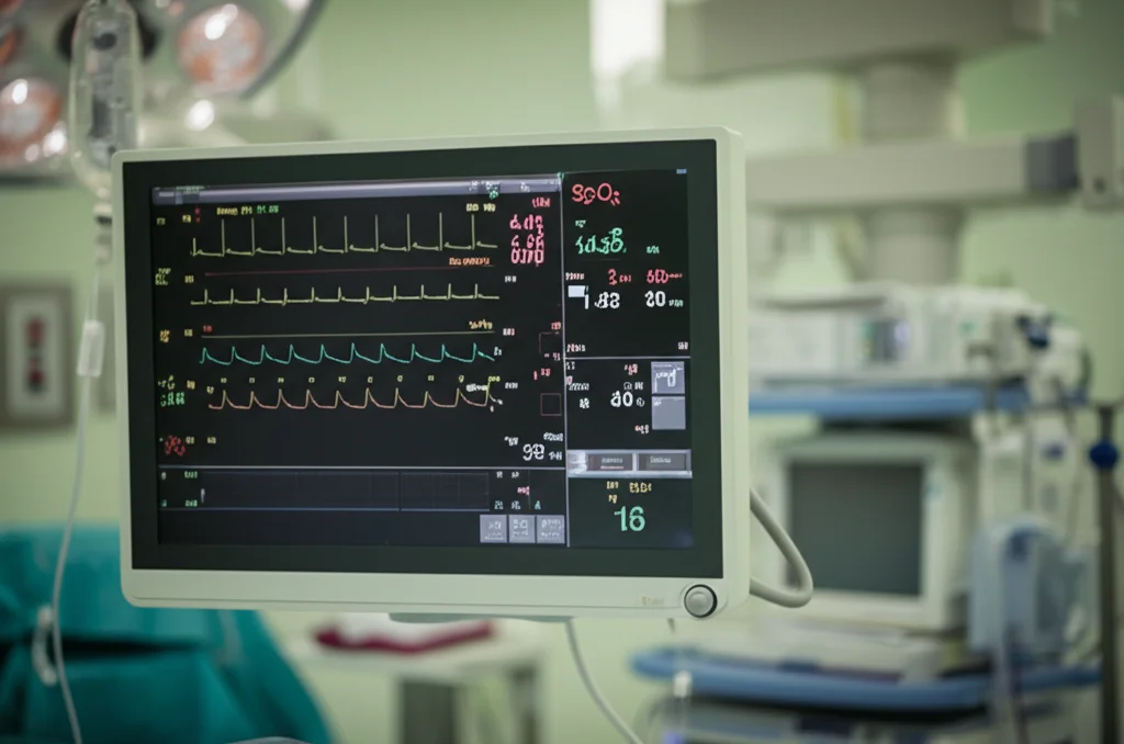 Fotografia di una sala operatoria moderna, focus su un monitor paziente che mostra segni vitali stabili ma con un allarme di bassa saturazione di ossigeno (SpO2) appena attivato. Illuminazione controllata, stile quasi documentaristico, obiettivo prime 35mm, profondità di campo che sfoca leggermente lo sfondo.