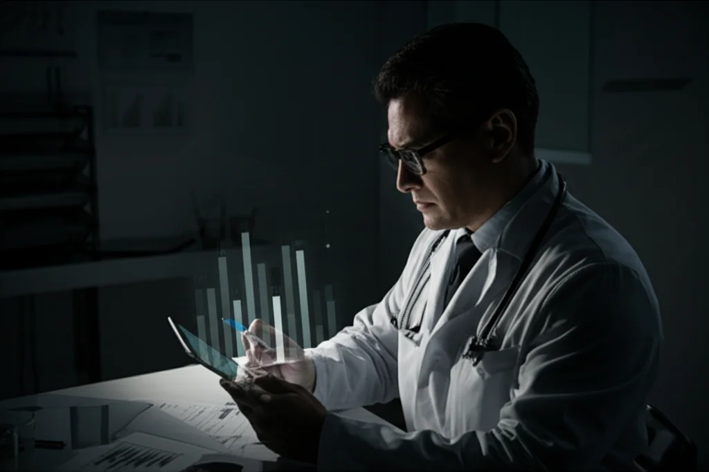 Fotografia in bianco e nero, stile film noir, di un anestesista pensieroso che consulta un tablet mostrando grafici a barre (simulati, non leggibili). Luce laterale drammatica che crea ombre profonde, obiettivo 35mm, ambientato in uno studio medico poco illuminato.
