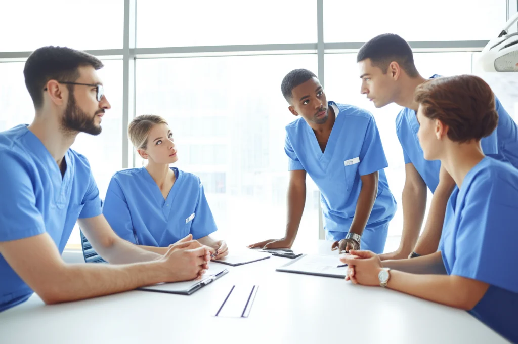 Foto grandangolare (obiettivo 24mm) di un team di anestesisti (uomini e donne, diverse etnie) durante un briefing pre-operatorio in una sala riunioni luminosa e moderna, che discutono animatamente attorno a un tavolo. Messa a fuoco nitida sul gruppo, luce naturale dalla finestra.