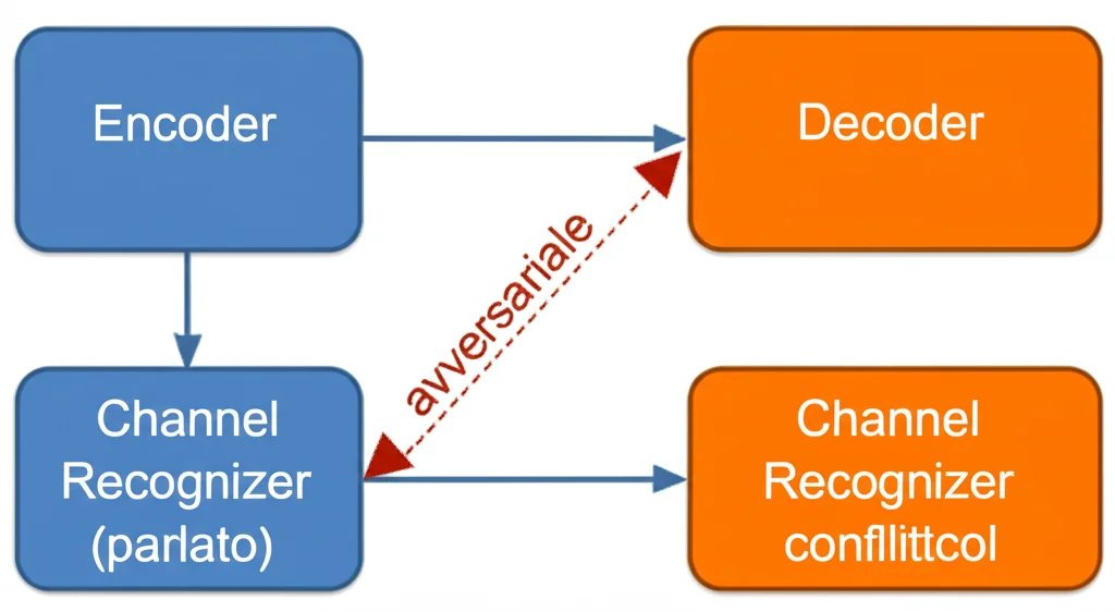 Diagramma stilizzato che mostra un flusso audio principale (parlato) che entra in un blocco 'Encoder'. L'output dell'encoder va a un blocco 'Decoder' (per il riconoscimento) e a un blocco 'Channel Recognizer'. Una freccia 'avversariale' (magari tratteggiata o rossa) va dal Channel Recognizer indietro all'Encoder, indicando l'addestramento conflittuale. Obiettivo prime 35mm, duotone blu e arancione.