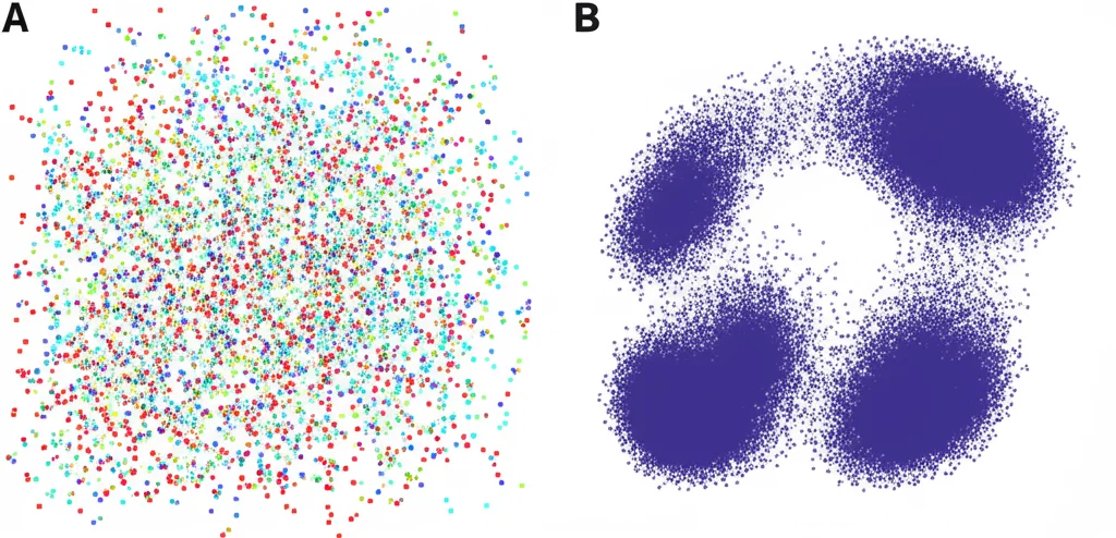 Due grafici t-SNE affiancati. A sinistra (senza MCAT), punti di colori diversi (rappresentanti i canali) sono sparsi e mescolati in modo disordinato. A destra (con MCAT), i punti degli stessi colori tendono a raggrupparsi molto più strettamente, indicando che le rappresentazioni sono diventate più simili tra i canali. Messa a fuoco nitida, sfondo neutro.