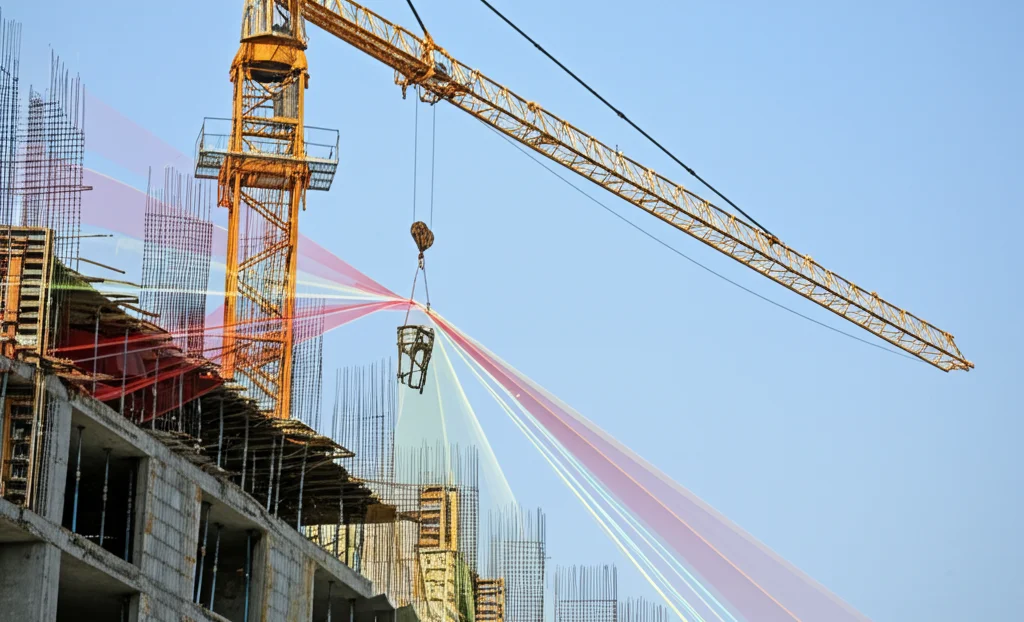 Simulazione 4D BIM di un cantiere edile in Indonesia, che mostra il percorso ottimizzato di una benna per calcestruzzo tramite linee guida digitali sovrapposte alla scena reale. Obiettivo zoom 100-400mm per isolare l'azione, fast shutter speed per congelare il movimento della gru, luce diurna brillante.