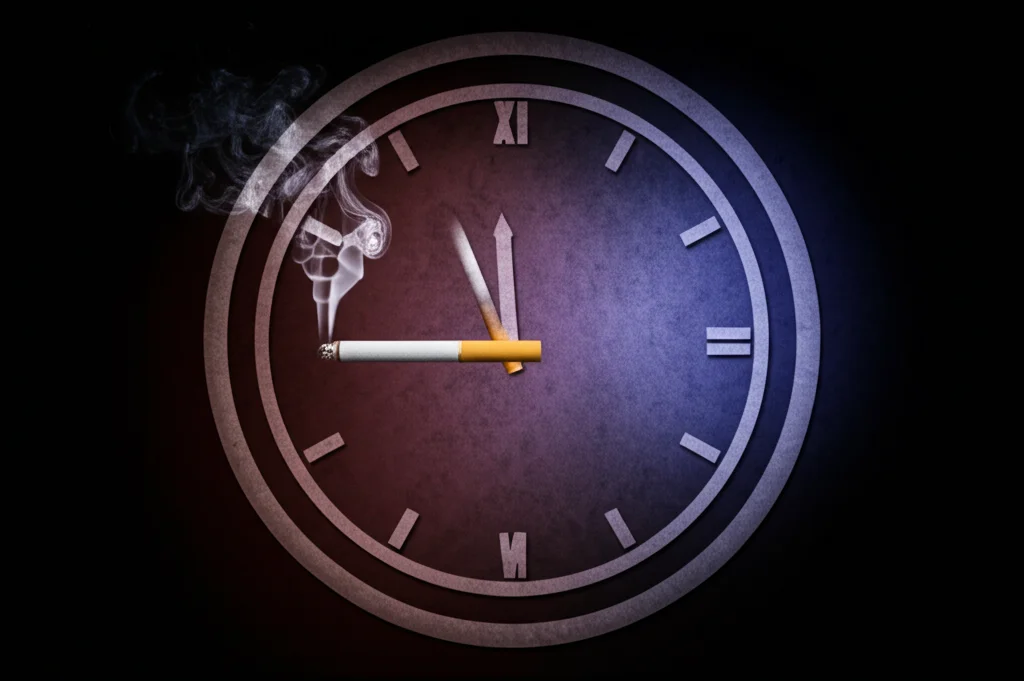 Immagine concettuale astratta con un orologio stilizzato le cui lancette sono fatte di fumo di sigaretta che si dissolve lentamente su uno sfondo scuro e testurizzato, simboleggiando il passare del tempo e le mutevoli tendenze del fumo negli USA, illuminazione drammatica laterale, alta definizione.