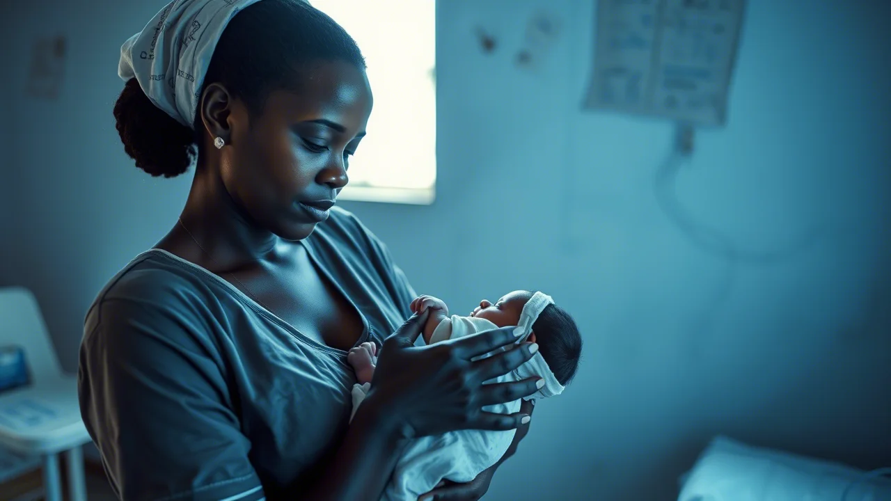 Ritratto fotografico 50mm, effetto duotone seppia e blu, di un'ostetrica congolese che tiene con cura un neonato in una clinica semplice nella RDC orientale, luce naturale da finestra, profondità di campo.