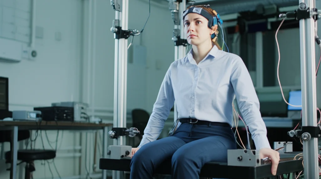 Immagine fotorealistica di una persona seduta su una piattaforma di movimento high-tech (Tilt Translation Sled) in un laboratorio scientifico scarsamente illuminato, indossa elettrodi GVS discreti dietro le orecchie e una fascia per tenerli fermi. La persona ha un'espressione neutra o leggermente concentrata. Obiettivo zoom 24-70mm, focus nitido sul partecipante e sugli elettrodi, sfondo del laboratorio leggermente sfocato per dare profondità, atmosfera scientifica e controllata.