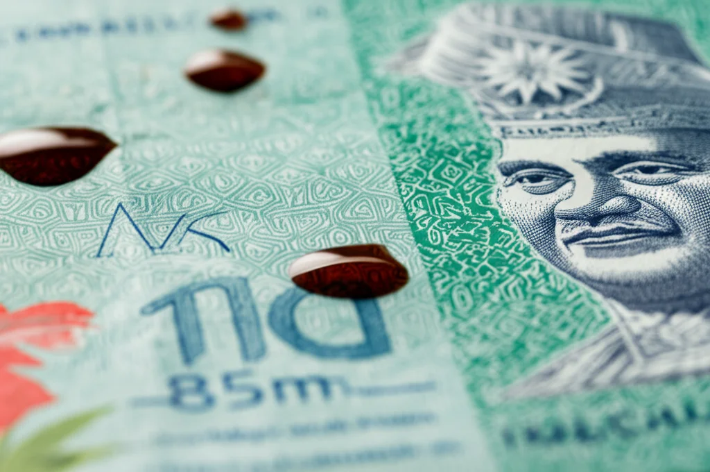 Macro fotografia, obiettivo 85mm, gocce di petrolio greggio su una banconota di Ringgit malese, alto dettaglio, illuminazione controllata, simboleggiando il legame tra petrolio ed economia.