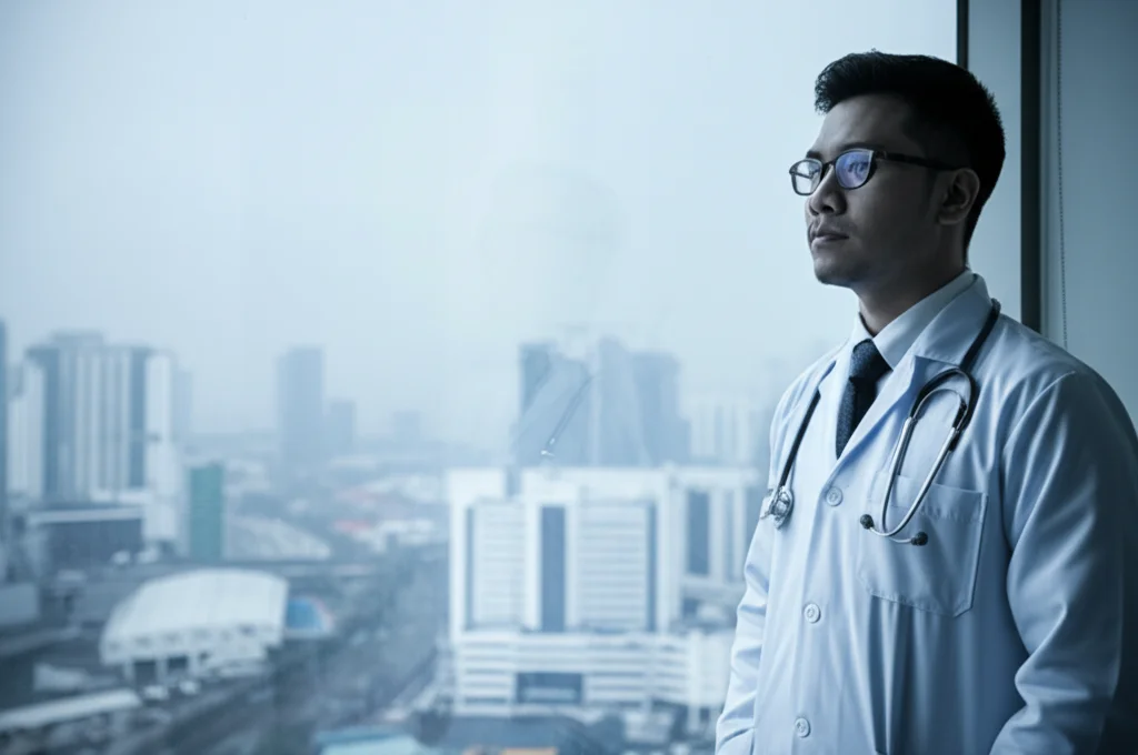 Fotografia ritratto, obiettivo 35mm, un medico malese guarda pensieroso fuori da una finestra verso uno skyline cittadino nebbioso, profondità di campo, bicromia blu e grigio, rappresentando le sfide sanitarie tra preoccupazioni ambientali.