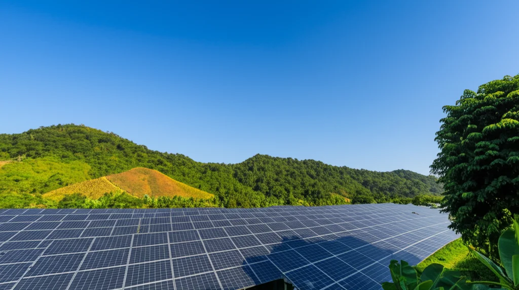 Paesaggio grandangolare, obiettivo 15mm, che cattura una fattoria di pannelli solari in Malesia con lussureggianti colline verdi sullo sfondo sotto un cielo blu chiaro, messa a fuoco nitida, simboleggiando la transizione verso l'energia sostenibile.