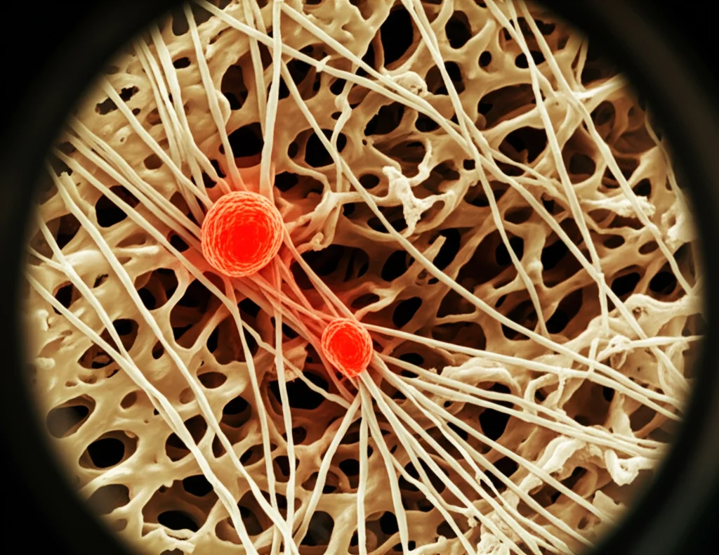 Immagine macro ad alta definizione di cellule staminali ematopoietiche (rosse brillanti) ancorate all'interno della nicchia del midollo osseo (struttura spugnosa beige/marrone), illuminazione controllata, lente macro 90mm, messa a fuoco precisa su una cellula che inizia a staccarsi.